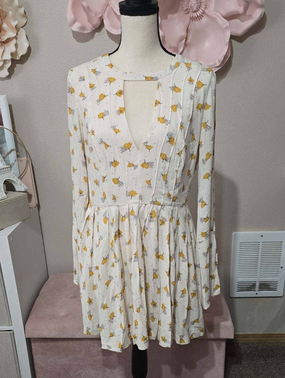 Free People White Floral Long-Sleeve Keyhole Dress with Yellow Print
